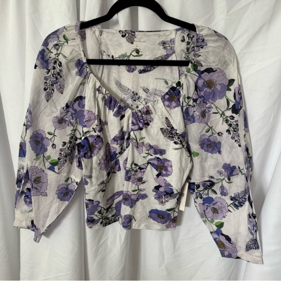 Anthropologie V-Neck Purple Floral 3/4 Puff Sleeve Blouse Top Size S NEW - Picture 4 of 11